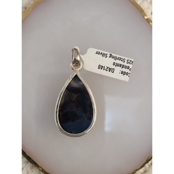Sterling Silver Pietersite Pendant Teardrop Gemstone 925 Swirling Blue & Gold - Picture 4 of 6